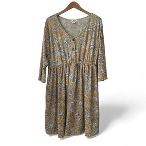 TMG Paisley Print V-Neck Yellow Mustard Flowy Dress sz 3X